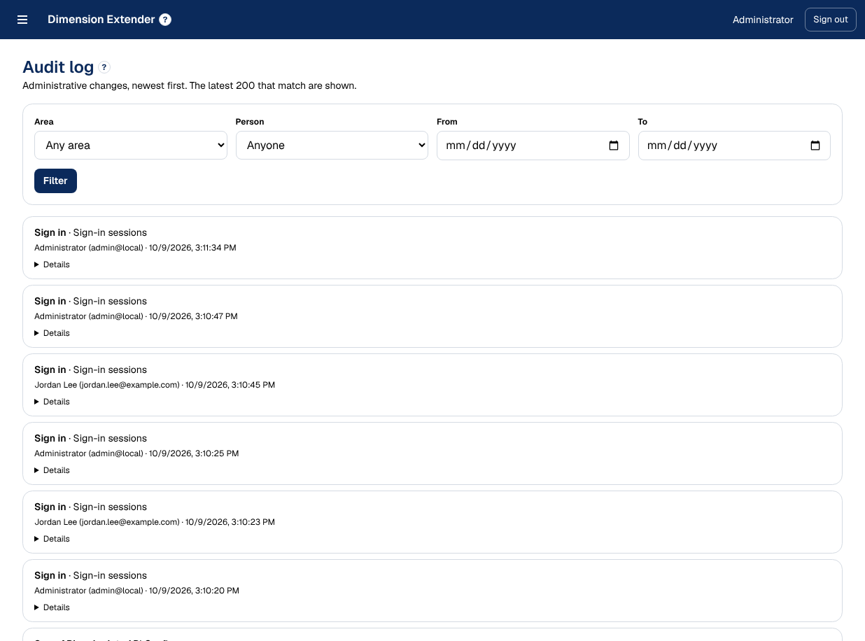 The audit log listing administrative changes with who made them and when